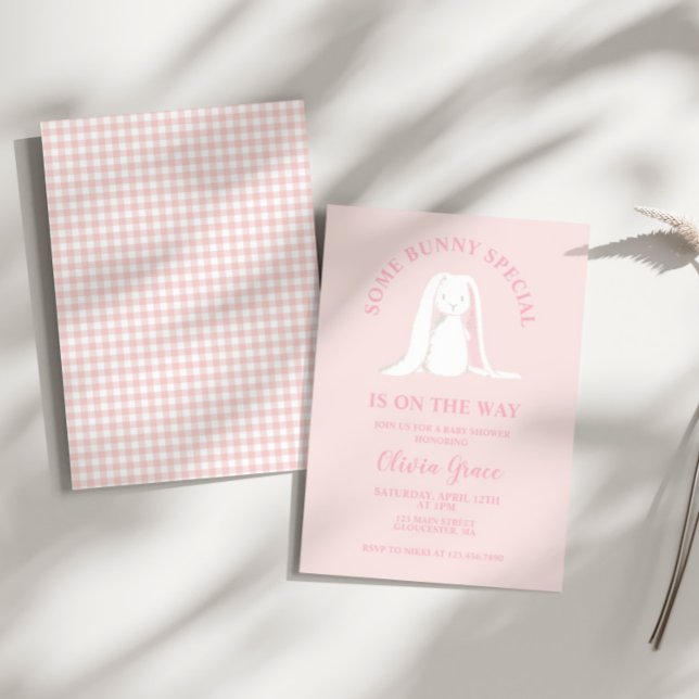 Convite Chá de fraldas de Gingham Rosa Especial de Bunny (Criador carregado)