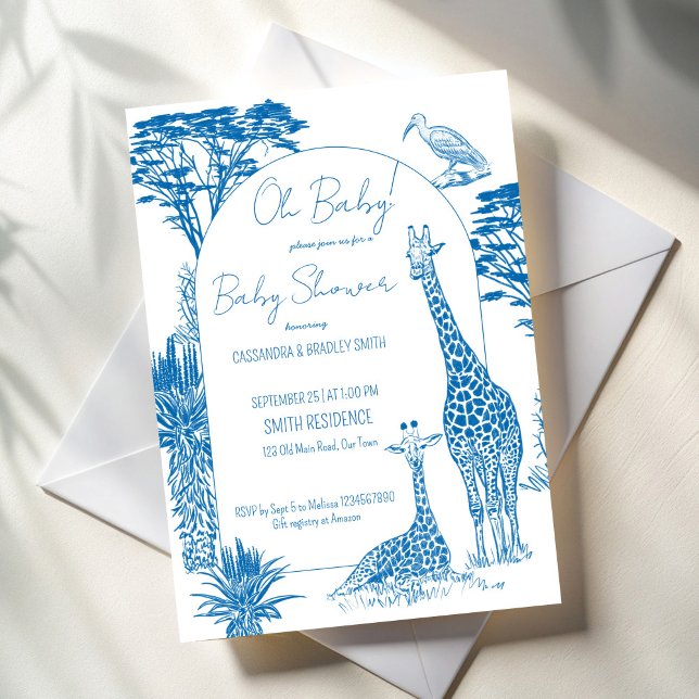 Convite Chá de fraldas de girafa azul Safari (Safari dusty blue toile de jouy giraffe baby shower invitation template African safari invitations)