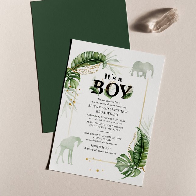 Convite Chá de fraldas de Girafa do Elefante Safari Botâni (Jungle Safari Animals Couples Boy Baby Shower Invitation)