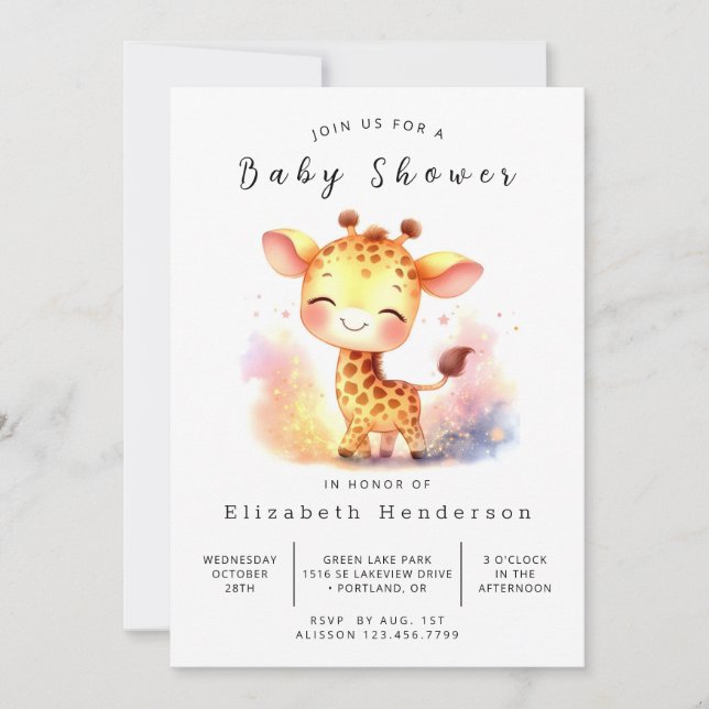 Convite Chá de fraldas de Girafa Imprimível Whimsy (Frente)