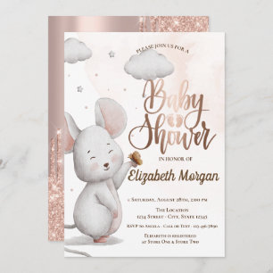 Convite Chá de fraldas de Glitter Dourado com Rosa de Mous