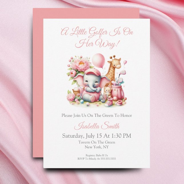 Convite Chá de fraldas de Golfe de Elefante e Girafa Menin (You are called to the tee box for this sweet baby girl baby shower for a golf family!)