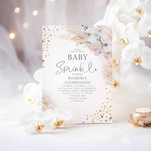 Convite Chá de fraldas de Grama de Orquídeas Brancas (Baby Sprinkle Boho Baby Shower Invitations)