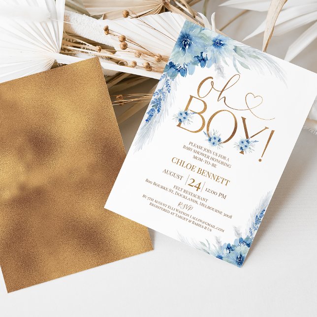 Convite Chá de fraldas de Grama Oh Boy Boho Pampas Azul (Sweet oh boy baby shower invitation featuring some blue boho floral arrangement and faux copper foil)