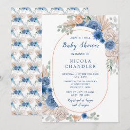 Convite Chá de fraldas de Grass Boho Pampas Azul