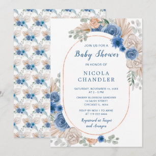Convite Chá de fraldas de Grass Boho Pampas Azul
