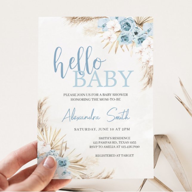 Convite Chá de fraldas de Grass Floral Azul (Floral Pampas Grass Baby Shower Invitation)
