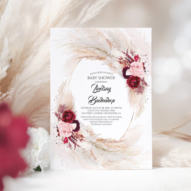 Convite Chá de fraldas de Grass Floral Floral Vermelho Bur (Burgundy Red and Pink Flowers Elegant Boho Baby Shower Invitation)