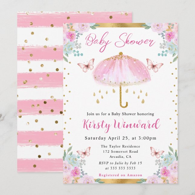 Convite Chá de fraldas de guarda-chuva Primavera Dourada r (Frente/Verso)