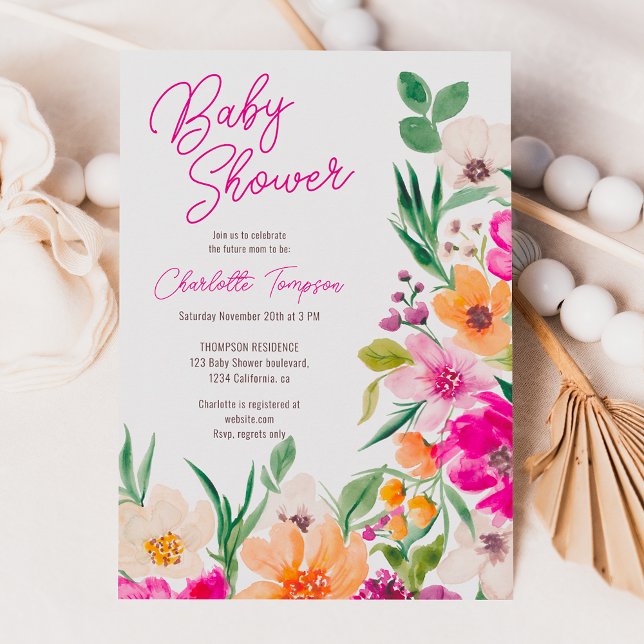 Convite Chá de fraldas de guião de flores silvestres, arro (Bright bold wild flowers script baby shower invitation)
