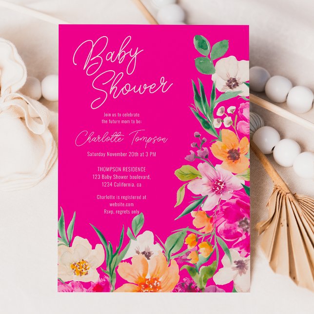 Convite Chá de fraldas de guião de flores silvestres, arro (Bright bold wild flowers script baby shower invitation)