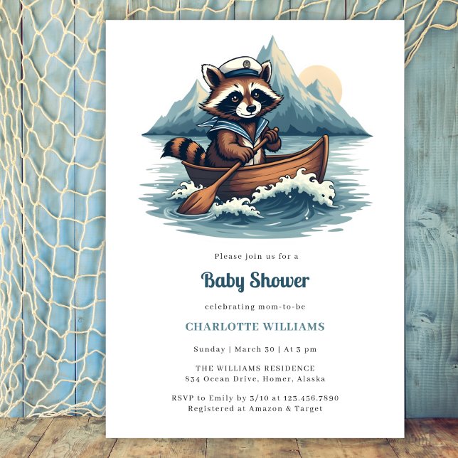 Convite Chá de fraldas de guincho de guindaste de guindast (Nautical Boy Baby Shower Invitation with Cute Fishing Raccoon and Mountain Scene)