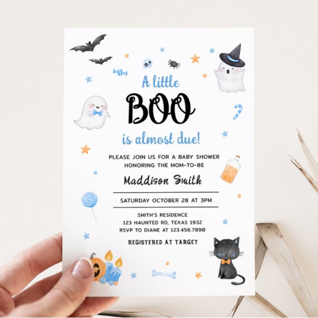 Convite Chá de fraldas De Halloween Azul A Pequeno Boo (Blue A Little Boo Baby Shower Invitation)