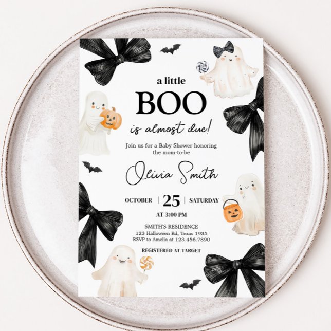 Convite Chá de fraldas de Halloween do Pequeno Fantasma (Black Bow Little Boo Halloween Baby Shower Invitation)