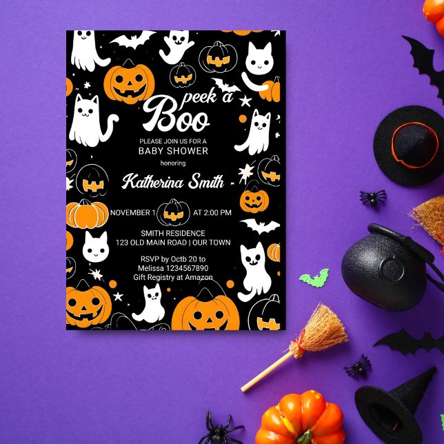 Convite Chá de fraldas de Halloween espia dois fantasmas b (Peek a boo Halloween baby shower template invitation digital download cute cat baby ghosts pumpkins)