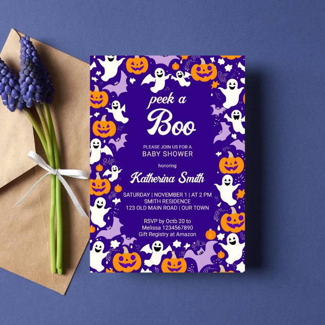 Convite Chá de fraldas de Halloween espia um lindo fantasm (Peek a boo Halloween baby shower template invitation cute baby ghosts pumpkins bats purple orange)
