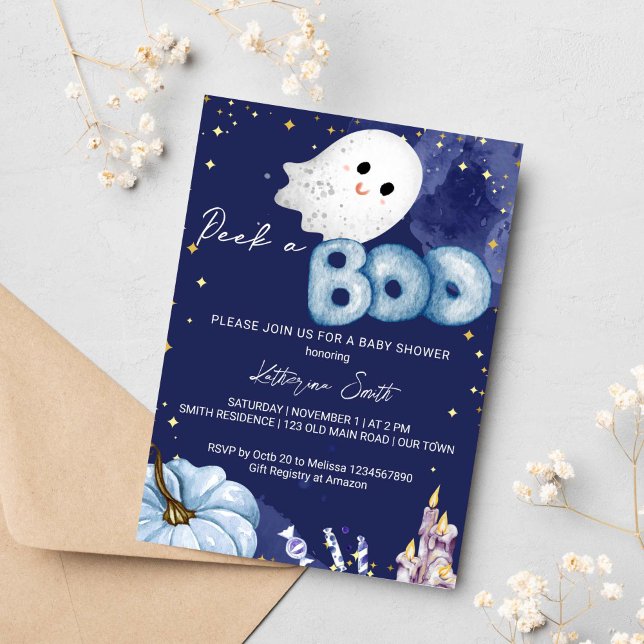 Convite Chá de fraldas de Halloween espia um lindo fantasm (Peek a boo Halloween baby shower invitation instant download cute baby ghost pumpkin navy blue)