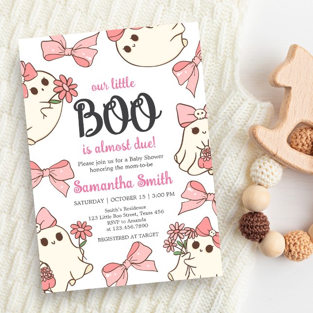 Convite Chá de fraldas de Halloween para Meninas Fantasmas (Pink Little Boo Halloween Baby Shower Invitation)