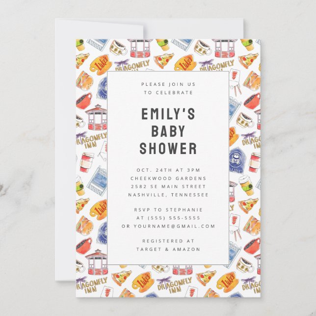 Convite Chá de fraldas de Ícones de Aquarela de Gilmore Gi (Frente)