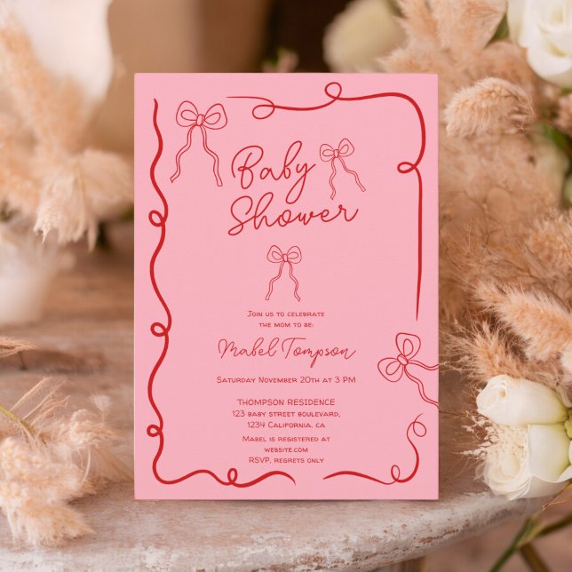 Convite Chá de fraldas de ilustrações de fita de arcos ros (Red pink bows ribbon illustrations Baby shower Invitation)