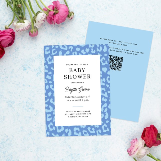 Convite Chá de fraldas de impressão animal-leopardo azul (blue on blue leopard print modern baby shower invitation)