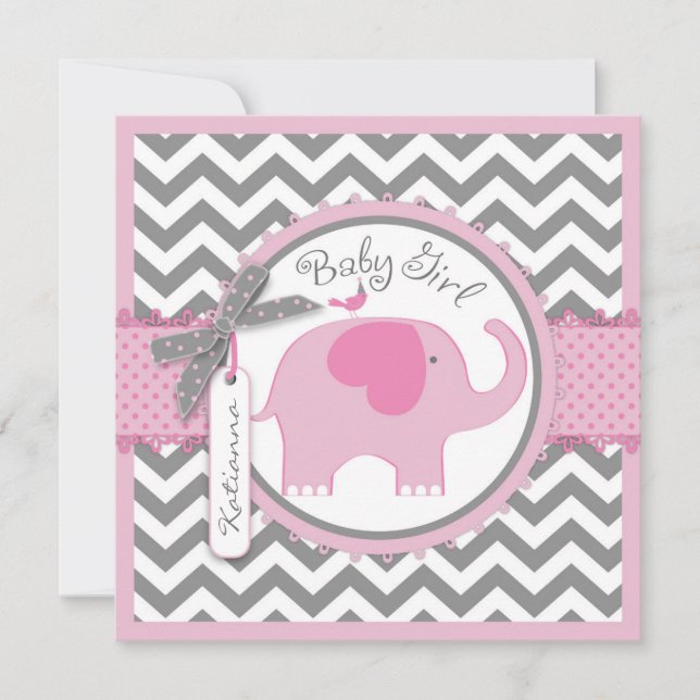 Convite Chá de fraldas de Impressão de Elefante Rosa e Che (Frente)