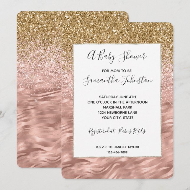 Convite Chá de fraldas de Impressão de Zebra Cinza-Rosa-Ch (Frente/Verso)