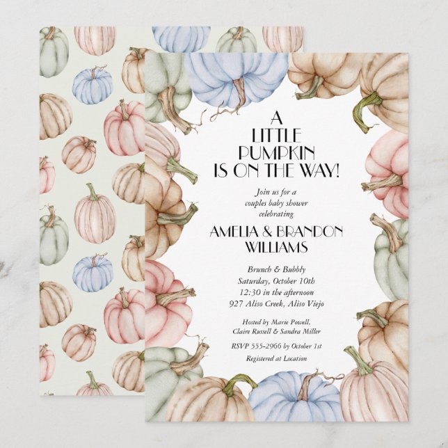 Convite Chá de fraldas de impressão do Pastel Pumpkins (Frente/Verso)