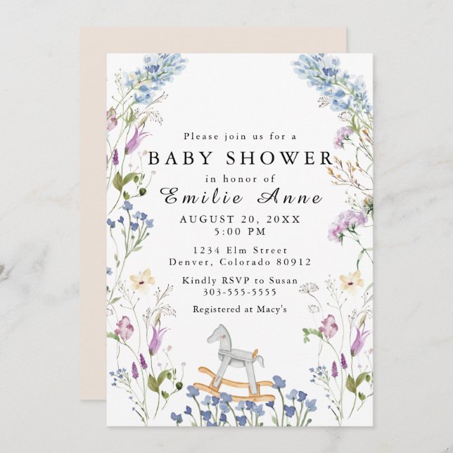 Convite Chá de fraldas de Impressão macio de flor selvagem (Frente/Verso)