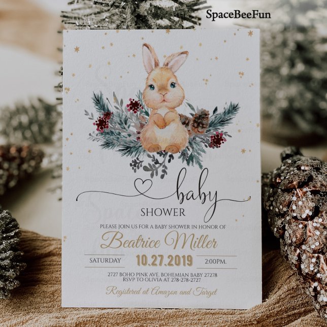 Convite Chá de fraldas de inverno Animal da floresta (Winter baby shower invitation Woodland animal Bunny Baby Shower Rabbit Bunny Baby Shower Some Bunny )