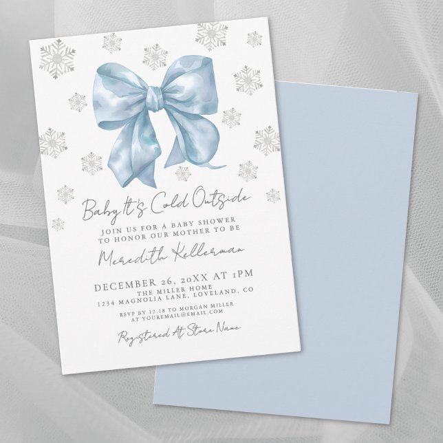 Convite Chá de fraldas de inverno Arco azul (Blue Bow Winter Boy Baby Shower Invitation)