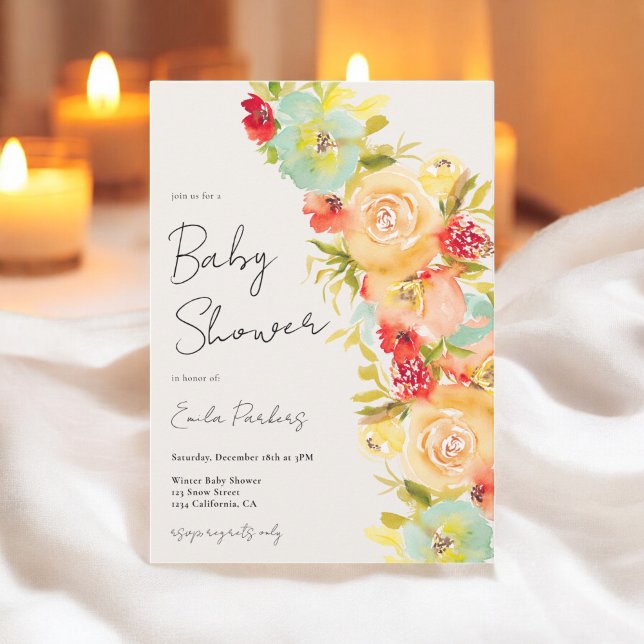 Convite Chá de fraldas de inverno azul-chic boho amarelo (Yellow boho Chic Blue Floral Winter baby shower Invitation)
