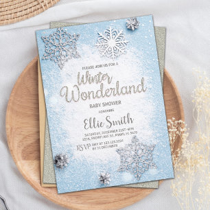Convite Chá de fraldas de inverno Blue Silver personalizáv