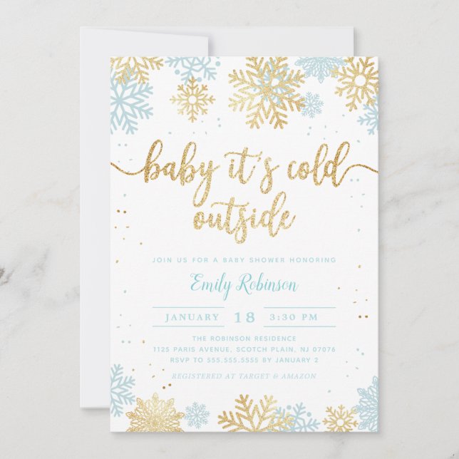 Convite Chá de fraldas De Inverno Com Floco De Neve Azul E (Frente)