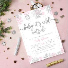 Convite Chá de fraldas De Inverno Com Floco De Neve Rosa E