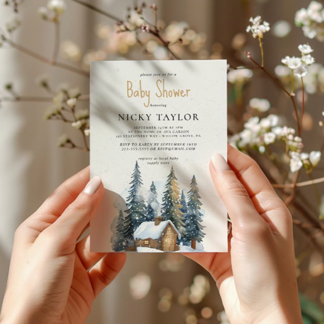 Convite Chá de fraldas de inverno com pinheiro de aquarela (Criador carregado)