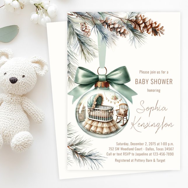 Convite Chá de fraldas de inverno da Ornação das Árvores d (Boy's Christmas tree ornament baby shower invitation with glass ornament with sweet nursery  scene.)