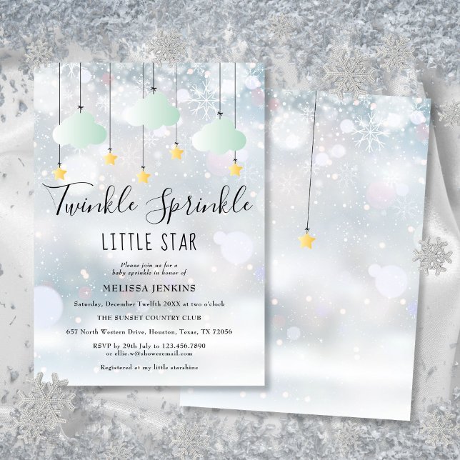 Convite Chá de fraldas De Inverno Da Pequena Estrela, Spri (Twinkle Sprinkle Little Star Winter Baby Shower Invitation)