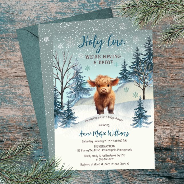Convite Chá de fraldas de inverno da Santa Vaca da Terra S (Cute Highland Calf "Holy Cow, We're Having a Baby!" Winter Baby Shower Invitation)