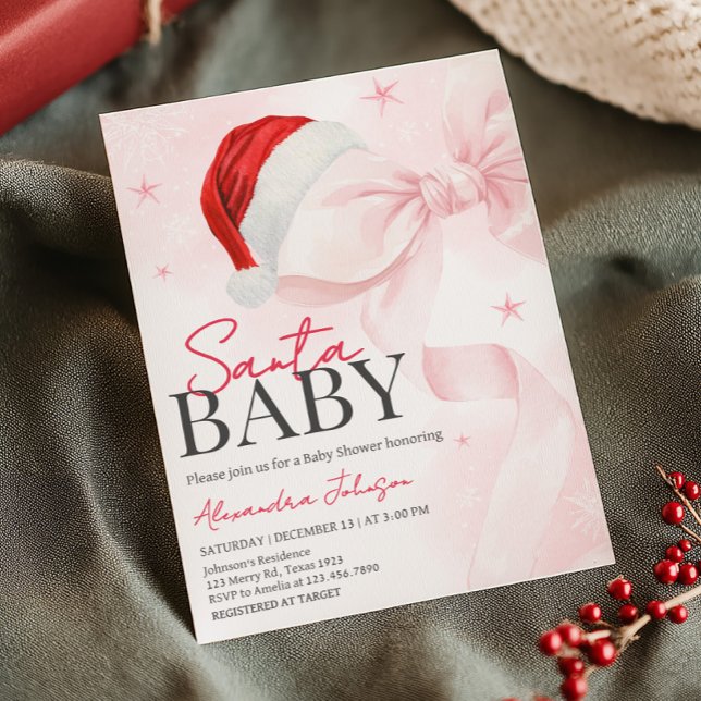 Convite Chá de fraldas de inverno de Arco rosa (Coquette Pink Bow Santa Baby Christmas Baby Shower Invitation)