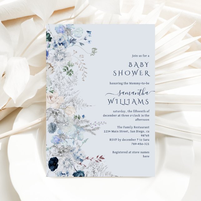 Convite Chá de fraldas de inverno de flor selvagem azul (Criador carregado)