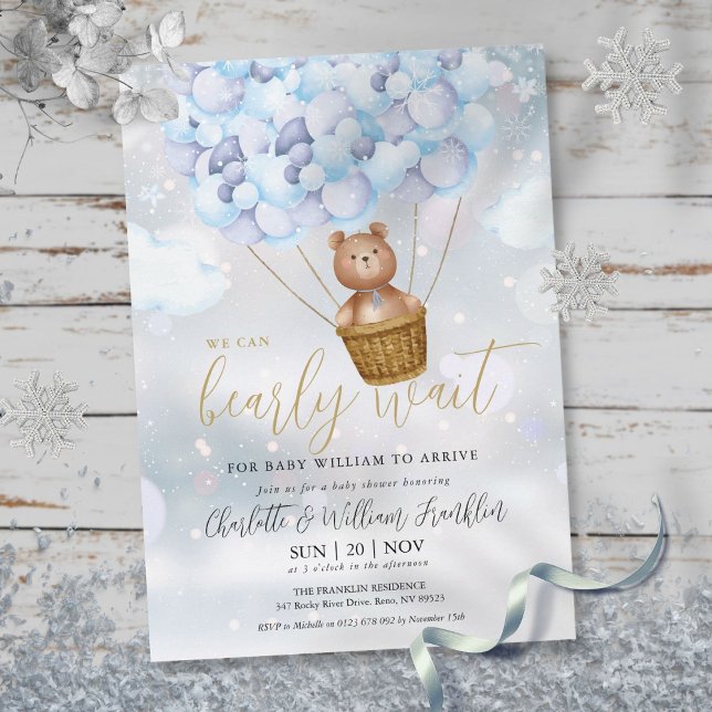 Convite Chá de fraldas de inverno do Teddy Bear Boy (Bearly Wait Teddy Bear Boy Winter Baby Shower Invitation)