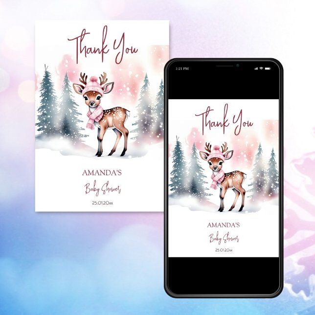 Convite Chá de fraldas de inverno obrigado rosa-rosa (Winter baby shower cute deer pink thank you card editable template digital download  baby it's cold)