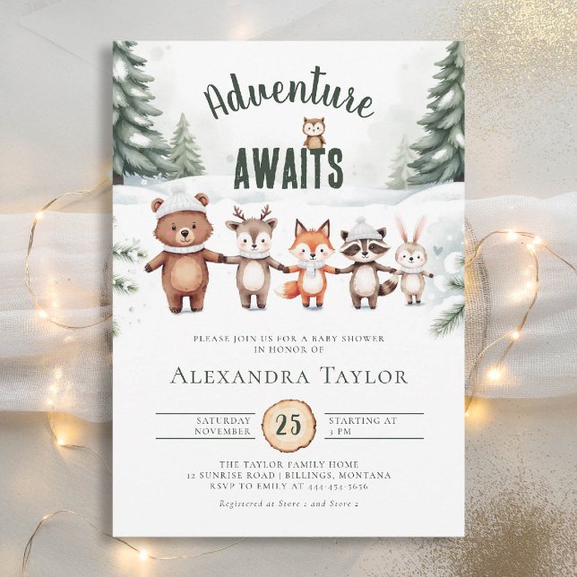 Convite Chá de fraldas de inverno para animais de madeira  (winter baby shower invitation adventure awaits woodland animals cute watercolor forest)