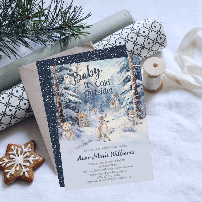 Convite Chá de fraldas de Inverno para Bebês da Madeira (Blue Rustic Woodland Animals Baby It's Cold Outside Boy Baby Shower Invitation)