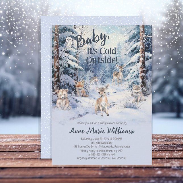 Convite Chá de fraldas de Inverno para Bebês da Madeira (Blue Rustic Woodland Animals Baby It's Cold Outside Boy Baby Shower Invitation)