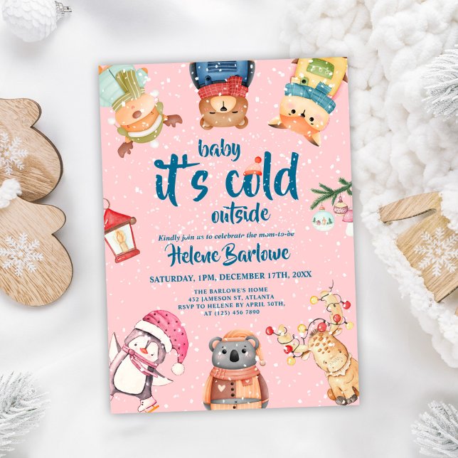Convite Chá de fraldas de inverno para bebês de animais de (Pink Woodland Animals Baby Girl Winter Baby Shower Invitation)