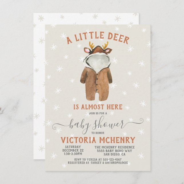 Convite Chá de fraldas de inverno para o pequeno Reindeer (Frente/Verso)