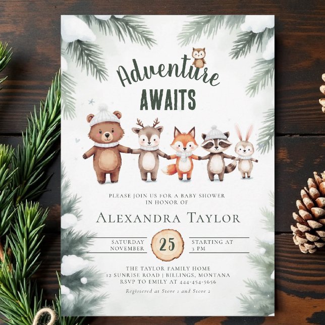 Convite Chá de fraldas de inverno para os animais de madei (winter baby shower invitation adventure awaits woodland animals cute watercolor snow cold forest)