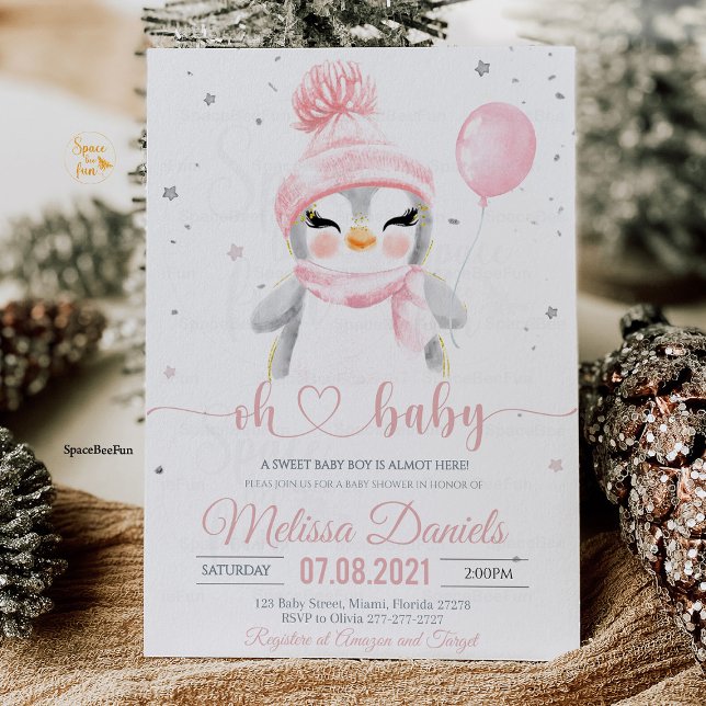 Convite Chá de fraldas de Inverno Pinguim (Penguin baby shower invitation girl, penguin baby shower girl, pink penguin baby shower invitation, )
